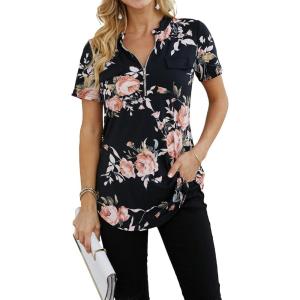 imageNinedaily Womens Summer Tops Short Sleeve Casual Blouse Zip Floral Tunic ShirtsPink Floral