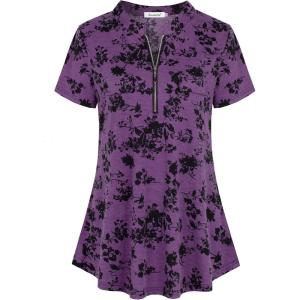 imageNinedaily Womens Summer Tops Short Sleeve Casual Blouse Zip Floral Tunic ShirtsPurple Black