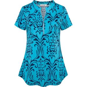 imageNinedaily Womens Summer Tops Short Sleeve Casual Blouse Zip Floral Tunic ShirtsTurquoise