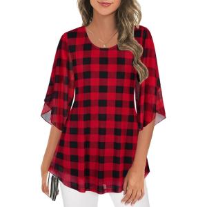 imageNinedaily Womens Tops 34 Sleeve Blouses Dressy Casual Double Layers Mesh Tunic ShirtsBlack Red Plaid