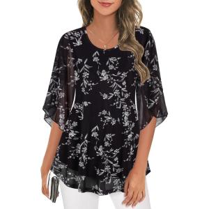 imageNinedaily Womens Tops 34 Sleeve Blouses Dressy Casual Double Layers Mesh Tunic ShirtsBlack White