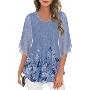 imageNinedaily Womens Tops 34 Sleeve Blouses Dressy Casual Double Layers Mesh Tunic ShirtsBlue Floral