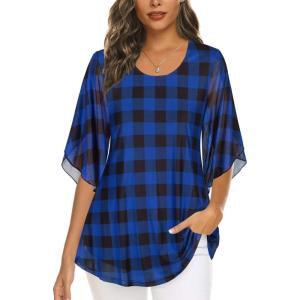 imageNinedaily Womens Tops 34 Sleeve Blouses Dressy Casual Double Layers Mesh Tunic ShirtsBlue Plaid