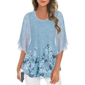 imageNinedaily Womens Tops 34 Sleeve Blouses Dressy Casual Double Layers Mesh Tunic ShirtsCyan