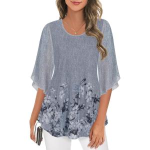 imageNinedaily Womens Tops 34 Sleeve Blouses Dressy Casual Double Layers Mesh Tunic ShirtsGray Floral