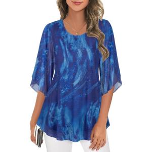 imageNinedaily Womens Tops 34 Sleeve Blouses Dressy Casual Double Layers Mesh Tunic ShirtsNavy Floral