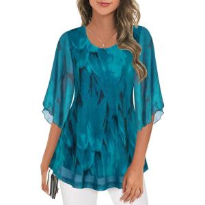 imageNinedaily Womens Tops 34 Sleeve Blouses Dressy Casual Double Layers Mesh Tunic ShirtsPeacock Blue