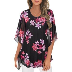 imageNinedaily Womens Tops 34 Sleeve Blouses Dressy Casual Double Layers Mesh Tunic ShirtsPink Black