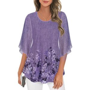 imageNinedaily Womens Tops 34 Sleeve Blouses Dressy Casual Double Layers Mesh Tunic ShirtsPurple