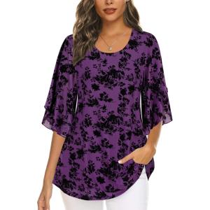 imageNinedaily Womens Tops 34 Sleeve Blouses Dressy Casual Double Layers Mesh Tunic ShirtsPurple Floral