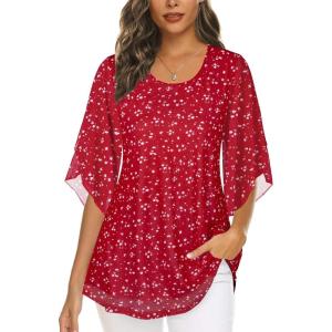 imageNinedaily Womens Tops 34 Sleeve Blouses Dressy Casual Double Layers Mesh Tunic ShirtsRed Floral