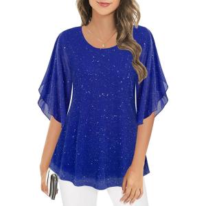 imageNinedaily Womens Tops 34 Sleeve Blouses Dressy Casual Double Layers Mesh Tunic ShirtsSparkly Blue
