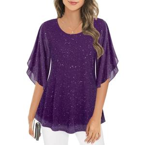 imageNinedaily Womens Tops 34 Sleeve Blouses Dressy Casual Double Layers Mesh Tunic ShirtsSparkly Purple