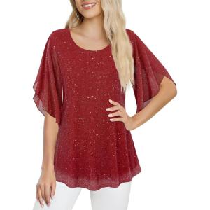 imageNinedaily Womens Tops 34 Sleeve Blouses Dressy Casual Double Layers Mesh Tunic ShirtsSparkly Red