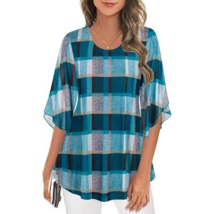 imageNinedaily Womens Tops 34 Sleeve Blouses Dressy Casual Double Layers Mesh Tunic ShirtsTurquoise
