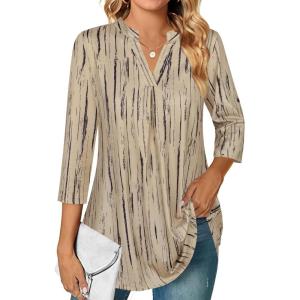 imageNinedaily Womens Tops Dressy Casual 34 Sleeve V Neck Chiffon Shirt Work BlousesBeige Stripe