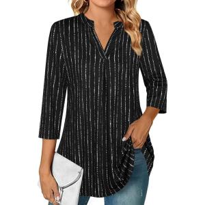 imageNinedaily Womens Tops Dressy Casual 34 Sleeve V Neck Chiffon Shirt Work BlousesBlack Striped