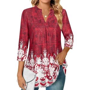 imageNinedaily Womens Tops Dressy Casual 34 Sleeve V Neck Chiffon Shirt Work BlousesRed Floral