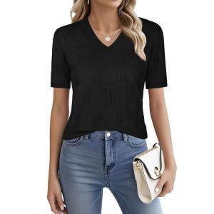 imageNinedaily Womens Tops Short Sleeve Sweater Knit TShirts Dressy Casual BlousesBlack