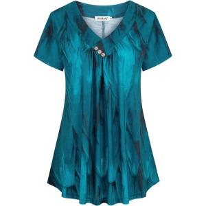 imageNinedaily Womens Tunic Summer Short Sleeve Top Loose V Neck Dressy Shirt BlouseApeacock Blue