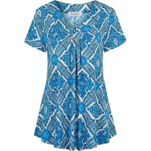 imageNinedaily Womens Tunic Summer Short Sleeve Top Loose V Neck Dressy Shirt BlouseBlue White