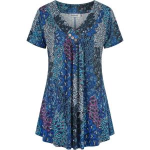 imageNinedaily Womens Tunic Summer Short Sleeve Top Loose V Neck Dressy Shirt BlouseBluegreen