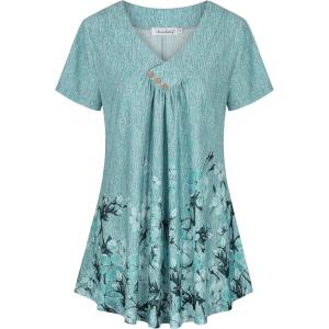 imageNinedaily Womens Tunic Summer Short Sleeve Top Loose V Neck Dressy Shirt BlouseDgreen