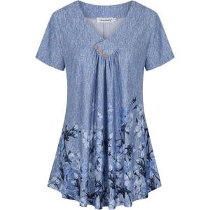 imageNinedaily Womens Tunic Summer Short Sleeve Top Loose V Neck Dressy Shirt BlouseDlight Blue
