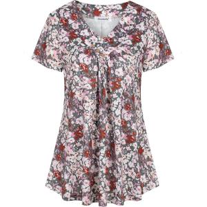 imageNinedaily Womens Tunic Summer Short Sleeve Top Loose V Neck Dressy Shirt BlouseGrey Pink