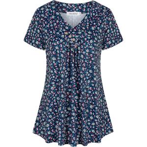 imageNinedaily Womens Tunic Summer Short Sleeve Top Loose V Neck Dressy Shirt BlouseNavy Floral