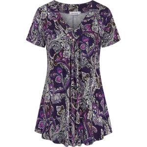 imageNinedaily Womens Tunic Summer Short Sleeve Top Loose V Neck Dressy Shirt BlousePurple