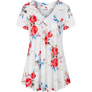 imageNinedaily Womens Tunic Summer Short Sleeve Top Loose V Neck Dressy Shirt BlouseWhite