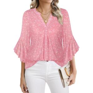 imageNinedaily Womens Tops 34 Sleeve Dressy Casual Blouses Double Layers V Neck ShirtFloral Pink