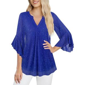 imageNinedaily Womens Tops 34 Sleeve Dressy Casual Blouses Double Layers V Neck ShirtSparkly Blue