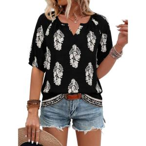 imageNinedaily Womens Summer Tops Boho Outfits Short Sleeve V Neck Shirt Casual Floral Blouses Vacation ClothesBlack