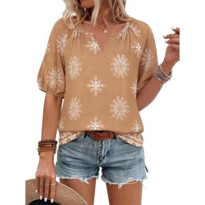 imageNinedaily Womens Summer Tops Boho Outfits Short Sleeve V Neck Shirt Casual Floral Blouses Vacation ClothesBrown