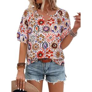 imageNinedaily Womens Summer Tops Boho Outfits Short Sleeve V Neck Shirt Casual Floral Blouses Vacation ClothesMulticoloured Floral