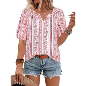 imageNinedaily Womens Summer Tops Boho Outfits Short Sleeve V Neck Shirt Casual Floral Blouses Vacation ClothesRed Stripes