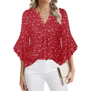 imageNinedaily Womens Sparkly Tops 34 Sleeve Dressy Casual Sequin Blouses Double Layers Loose V Neck ShirtFloral Red