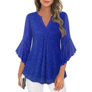 imageNinedaily Womens Sparkly Tops 34 Sleeve Dressy Casual Sequin Blouses Double Layers Loose V Neck ShirtSparkly Blue