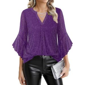 imageNinedaily Womens Sparkly Tops 34 Sleeve Dressy Casual Sequin Blouses Double Layers Loose V Neck ShirtSparkly Purple