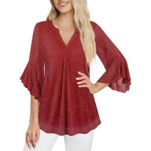imageNinedaily Womens Sparkly Tops 34 Sleeve Dressy Casual Sequin Blouses Double Layers Loose V Neck ShirtSparkly Red