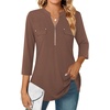 image:imageNinedaily Womens 34 Sleeve Plaid Shirts Zip Floral Casual Tunic Blouse TopsBrown