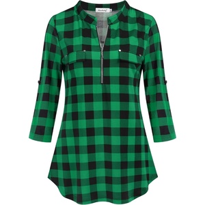 image:imageNinedaily Womens 34 Sleeve Plaid Shirts Zip Floral Casual Tunic Blouse TopsBlack Green Plaid