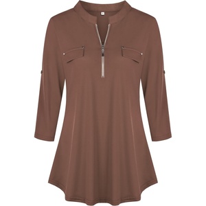 image:imageNinedaily Womens 34 Sleeve Plaid Shirts Zip Floral Casual Tunic Blouse TopsBrown