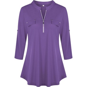 image:imageNinedaily Womens 34 Sleeve Plaid Shirts Zip Floral Casual Tunic Blouse TopsLight Purple