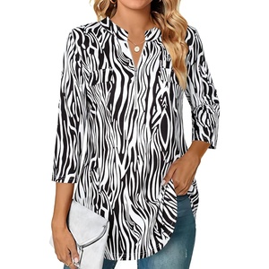 image:imageNinedaily Womens 34 Sleeve Plaid Shirts Zip Floral Casual Tunic Blouse TopsZebra Floral