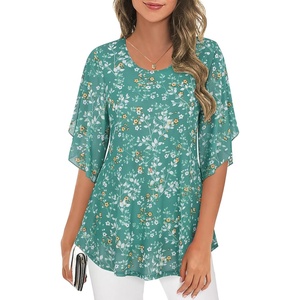 image:imageNinedaily Womens Tops 34 Sleeve Blouses Dressy Casual Double Layers Mesh Tunic ShirtsGreen