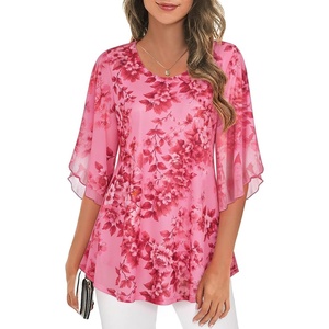 image:imageNinedaily Womens Tops 34 Sleeve Blouses Dressy Casual Double Layers Mesh Tunic ShirtsPink
