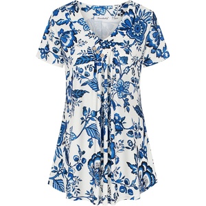image:imageNinedaily Womens Tunic Summer Short Sleeve Top Loose V Neck Dressy Shirt BlouseBlue Floral